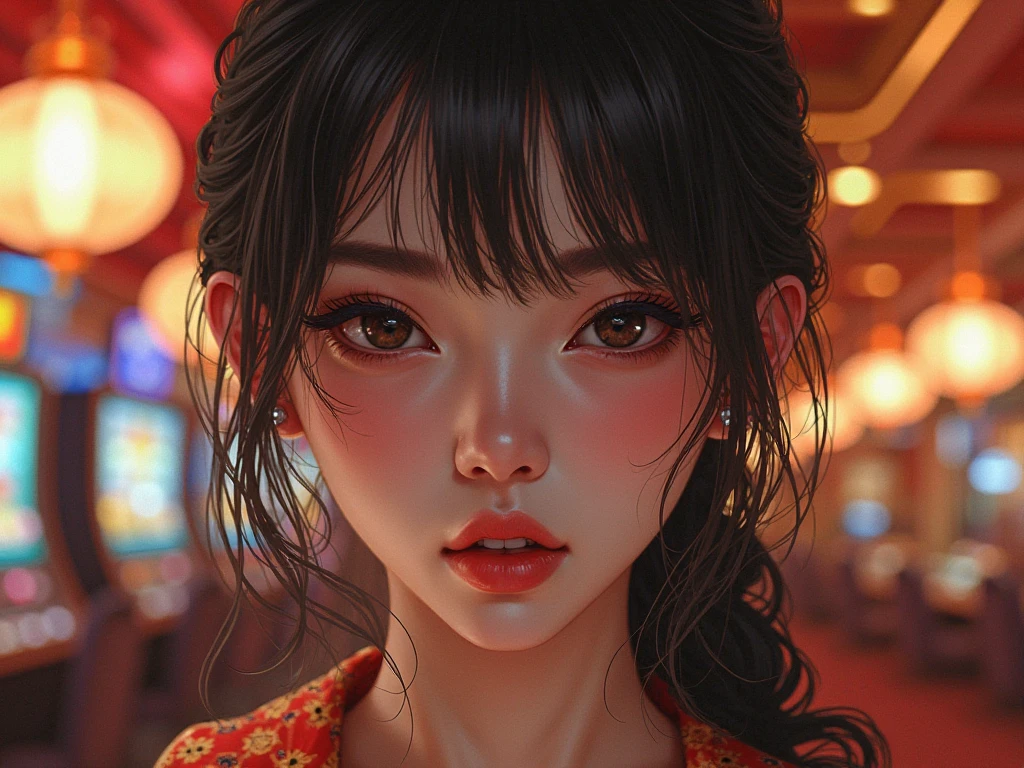 Asian woman harassed in orange shirt and a red lipstick, a gorgeous Korean woman, in the background are the people and the Ferris wheel in the amusement park,
