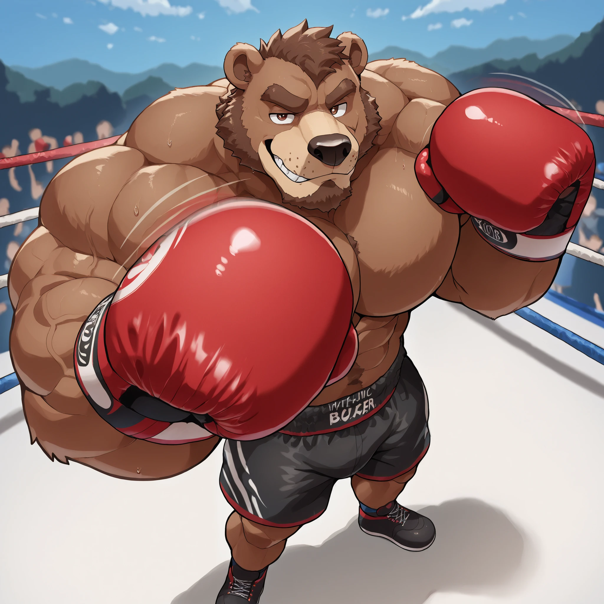 Zootopia 2, Fate grand Order anime, adventure in Zootopia city style, Character Zootopia big obese style, character huge, big arms, big legs, big torso, Zootopia 2 screwed up: muscular of human brown bear wearing boxing gloves. 4K, high resolution, best of quality, perfect of color, perfect shade, perfect of something, Posted by e621, hairy body, own of, Brown Bear, Legs sweat, body hair, older of, male,white thong( big bump :1.4) , male, (muscular of, big muscles:1.7), (Huge size,Heavyweight:2.0)trunk, Correct of anatomy, (Realistic fur, Delicate fur, epic, masterpiece:1.2), (Detailed of supermarket background, Crowded crowds), of Dark Tarantula Fiddler, author:Chunni, author:Kusanagi, Bonifasco Lighting), (Boxing shorts:1.2), (Meticulous eyes:1.2), sweating of:2, Sweating:1.2, shiny fur, Pose for the camera, Detailed of supermarket background,crowd of crowd, Confidence of, big muscles, of, full body lesbian, exhibit, Serious expression