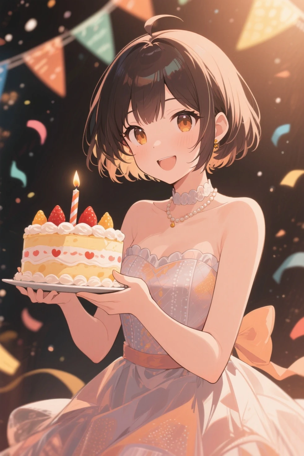 (Perfection), masterpiece, 1girl, birthday, black hair color, birthday party, birthday cake, sitting by table, cute, big boobs, happy expression, smiling, happy birthday, sitting by table, adults, short hair, bob haircut,l, short black bob hair, confetti, amazing scenery, birthday decorations, painted nails, birthday hats, adorable, ethereal scenery, gold birthday cake, shiny pink dress, laying on bed, multiple cakes, bending over, standing, embarrassed, audience behind, celebrating, happy birthday text on cake