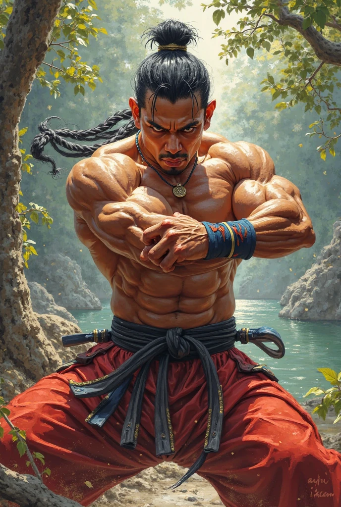 3D Photorealistic, Masterpiece realistic, best high quality, perfect details, RAW Photo, intricate details, nice lighting, 4K, detailed background, (excessive huge muscle:1.6), (huge buff muscle:1.6), (veiny muscle:1.7), Victor Asimov from power punch, hot beard, looking at viewer, lightning eyes, unflex abs (unflex abs:1.8), bruises (bruises:1.9), weaken (weaken:1.9), sweaty (sweaty:1.9), steam, posing, (look at viewer:1.6), huge bulge, beaten down (beaten down: 1.6), beaten up (beaten up:1.9), exhausted (exhausted:1.9), details physic muscle, hard breathing (hard breathing:1.9), heavily breathing (heavily breathing:1.9), mouth open (mouth open:1.4), drooling (drooling:1.4), blood (blood: 1.5), saliva (saliva: 1.5) high details facial expression, sad, (collapse to knee down:1.6), coma (coma:1.5), loser (loser:1.8), karate suits, topless.