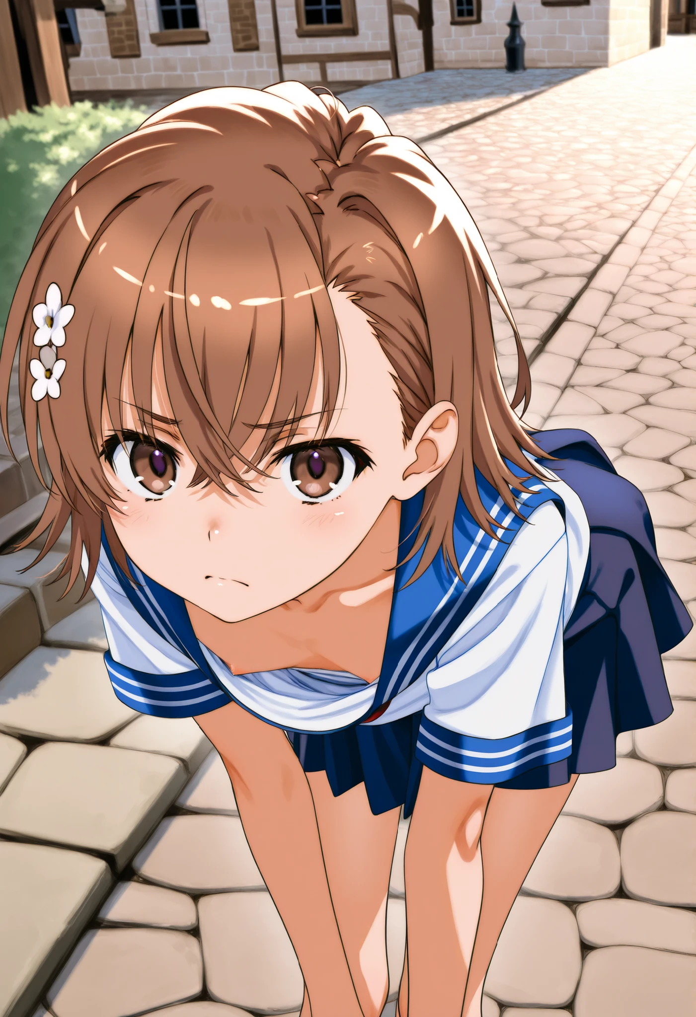 (Misaka Mikoto:1.5)、(ultra small chest:1.3)、(ultra flat chest:1.3)、(bent over:1.1)、(downblouse:1.1)、(nipple slip-out:0.7)、(ultra super fine illustration:1.1)、(extremely detailed CG:1.1)、(best quality:1.1)、(cobblestone streets in a medieval town:1.1)、(ultra slim:1.3)、(chest focus:0.7)、(upper body:0.7)、(wearing school uniform:1.1)
