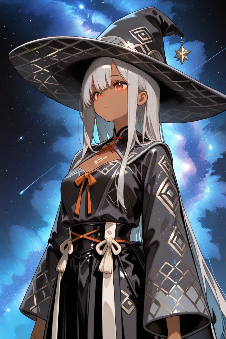 Personaje femenino, anime, pelo negro, sorceress with pointed hat dressed in uniform and tunic, en na biblioteca solitaria, con las piernas separadas, mostrando su zona intima, abriendo los labios de su zona intima con los dedos, orgasm facial expression.