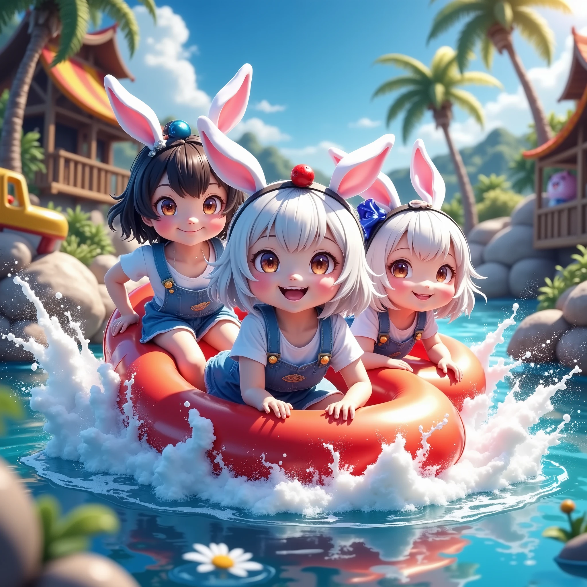 water A masterpiece illustration depicting a slider scene。Smiles and exhilaration、and captures summer moments full of vitality。The work drawn with rich eyes and perfect expressions、fully expresses the essence of joy and carefree summer days。Vivid colors and dynamic compositions、vividly depicts excitement and fun、is an attractive and visual expression of summer。skillfully expresses a bright and vibrant atmosphere、invites the viewer to a moment of bliss。This work created with the highest quality、focuses on the dynamic movement and joyful atmosphere of summer
