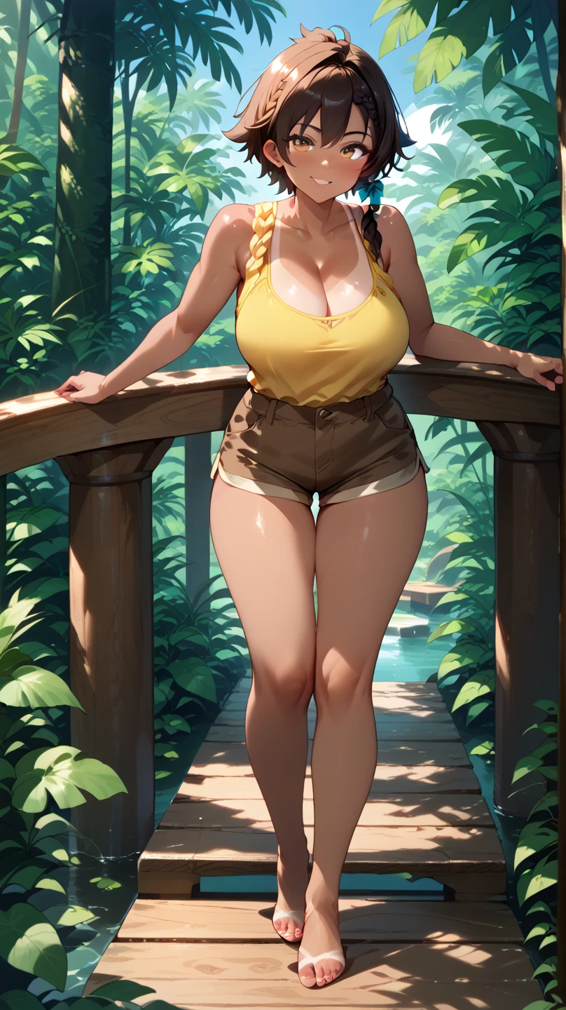best quality, ultra-detailed, photorealistic: 1.39) masterpiece, best quality, Beautiful trees, house in the forest, beautiful stream, flowers, black hair, shy smile, making a shy expression, stylish hairstyle, on the road, adventurer clothes, jumpsuit, tank top and ankle boots