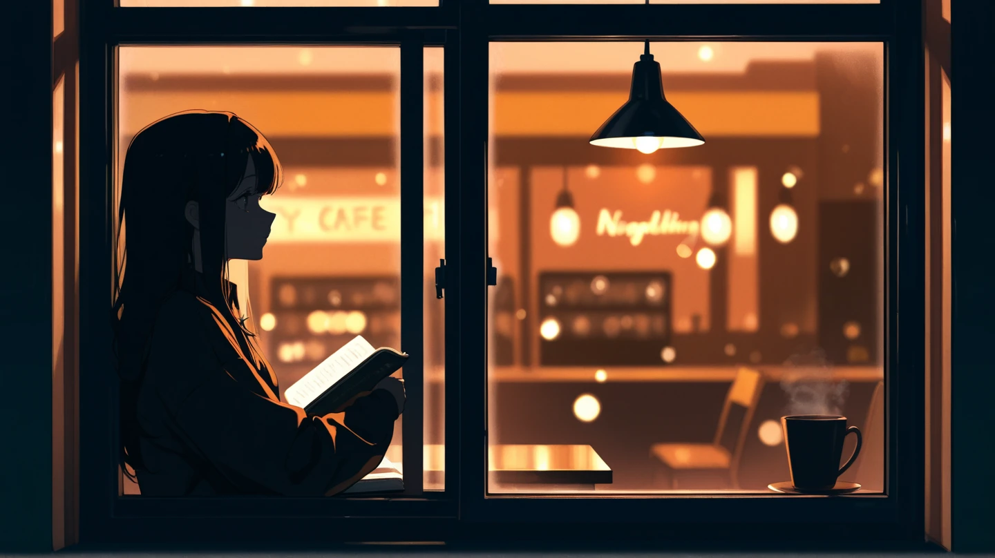Night Cafe、Beauty、Looking outside、casual、university student with book