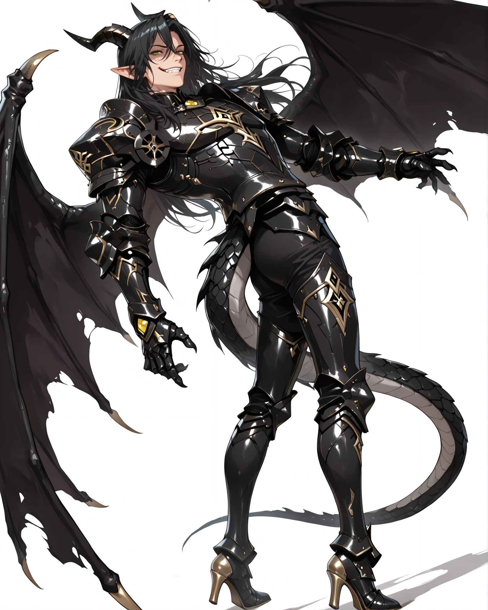 score_9, score_8_up, absurdres, (masterpiece, best quality: 1. 5), high definition, highres, 8K wallpaper, CG, (((Anime))), (1 male), solo, lean body, (masculine), (floating in the air), weredragon, japanese anime style, glossy black, shiny black leather, ((beautiful golden eyes, finely detailed eyes, bright eyes, vertical iris)), hair between eyes, black hair, long hair, sideburns, wild hair, unkempt hair, (sly grin, smirk, evil smile), teeth, confident, ((ultra detailed face)), shiny skin, long pointy ears, twisted torso, long-legged, sculpted face, wasp waist, dragon horn, dragon tail, dragon wings, dragon sharp claws, (black armor with a lot of grandiose decorations), half dragon half human, dramatic angle, dynamic posture, ((ultra detailed black armor)), black armor with gold accent, all black outfit, full body, emphasize face, focused expression, sharp focus, good-looking man, well-polished black armor, charismatic pose, (best illustration), cinematic, dramatic lighting, (intricate detail, super detail, extreme detailed, super detailed: 1. 5), (highly detailed artwork), dramatic shadows, tenebrism, chiaroscuro, wonderful pose, chiseled features, stark contrast, heavy shadows, detailed black decorations, beautiful and aesthetic, photoreal, from side, (mysteriously crafted black metal armor: 1. 5), sparkling accessories, thick and luxuriant hair, ((ultra detailed fantasy black armor)), dressed in black, broad shoulder, true-to-life visuals, artistically refined, dramatic contrasts, ((extremely delicate and beautiful armor, elaborate armor details)), (dark armor, stylized armor), exquisite goldwork, wonderful black armor, armor with intricate engravings, ((armor-type high heels)), ((detailed shoulder armor with intricate engravings, gold accent black armor)), (128K Ultra High Resolution), very gorgeous and dazzling, dark fantasy black knight, slim waistlines, wide chested, sinewy body, simple white background, (((Hyper Detailed & Perfectly Designed Black Armor)))