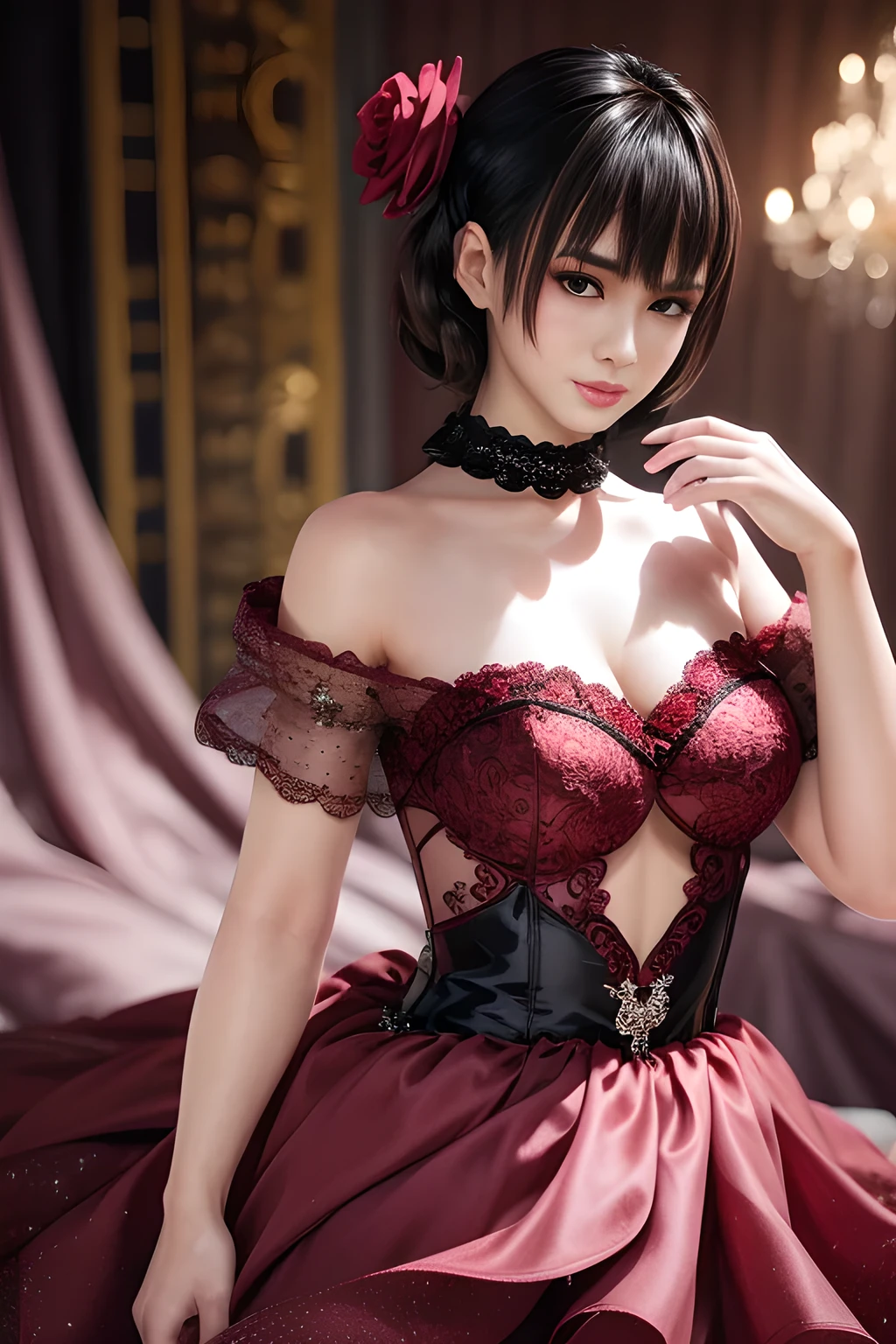1girl,Character wearing a red gown with a structured bodice, sweetheart neckline and delicate lace detailing on the two-third length sleeves,Sitting on a fallen tree covered with moss, with a lush forest in the background and the sun shining softly through the tree canopy,(huge breasts),lactating,(lip gloss),(masterpiece), best quality, (real life portrait photography:1.5),unltra detailed,8K,Shot with a professional-grade camera like the Nikon D850,every intricate detail is captured, from the subtlest expression to the glimmer of anticipation in her eyes,,nanami