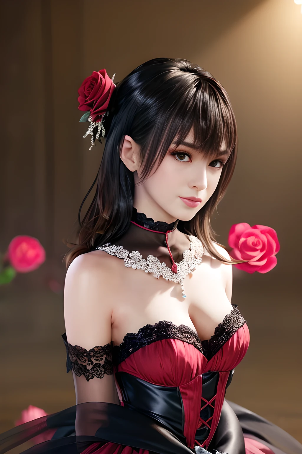 1 girl,lean over WINK, (dark red Wedding Dress,see-through), nighttime,moon,( huge breasts:1.1),cleavage,shiny skin,lip gloss,( tattoos:1.2), masterpiece, best quality, realistic ,Surrealism,Rich artistic colors,natural colors art in 8k,3D,Portrait art,solo, tamaki