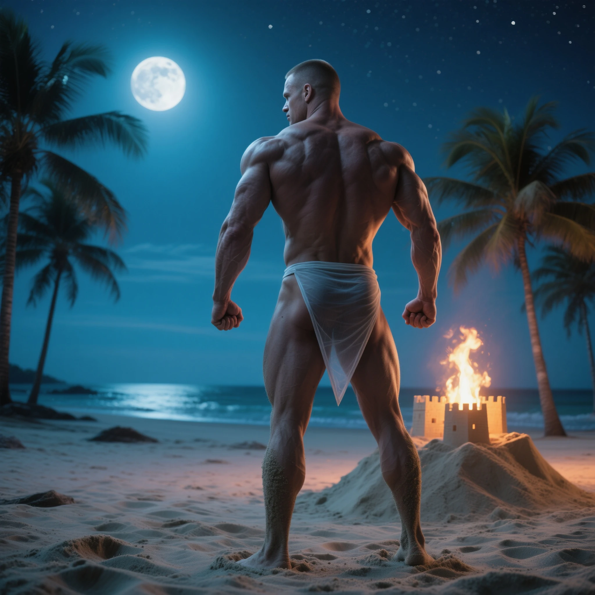 （（（2boy）））,Realistic, ((Masterpiece)), ((Best quality)), (Detailed), Cinematic, Dynamic lighting, soft shade, Detailed background, Professional photography, Depth of field, Intricate, Detailed face, Subsurface scattering, photo-realistic hair, Realistic eyes, Muscular, Manly, buzz cut，Handsome photo (Latino men), Mecha 4RMOR, Naked, wearing small micro thong ， Glowing, Dynamic pose, Desert background，stubbles,,The crotch is raised, wearing only small micro Thong ，the night，Huge Full Moon，Stand up