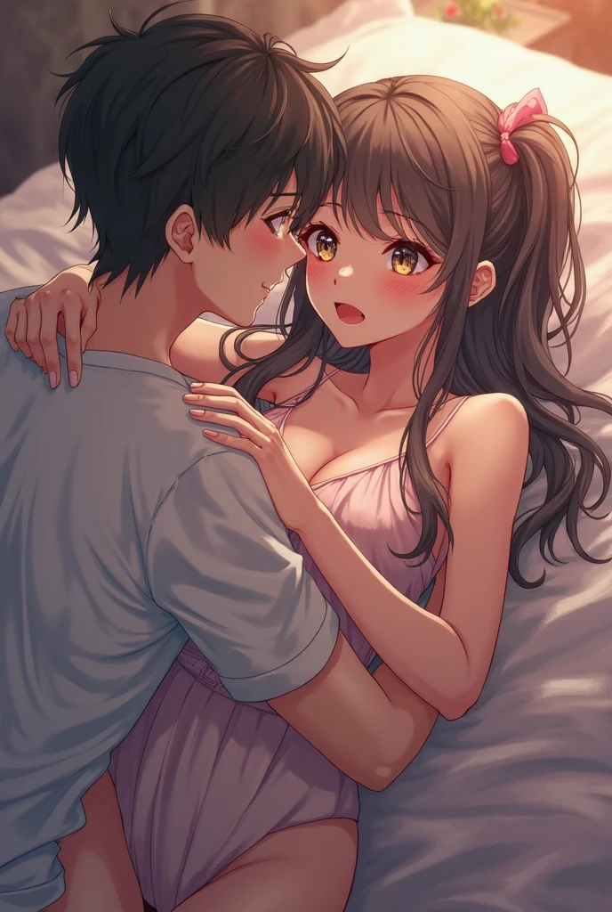 a couple in love in a romantic atmosphere in bed under the night and the stars. con rosas rojas y corazones rojos en algunas partes