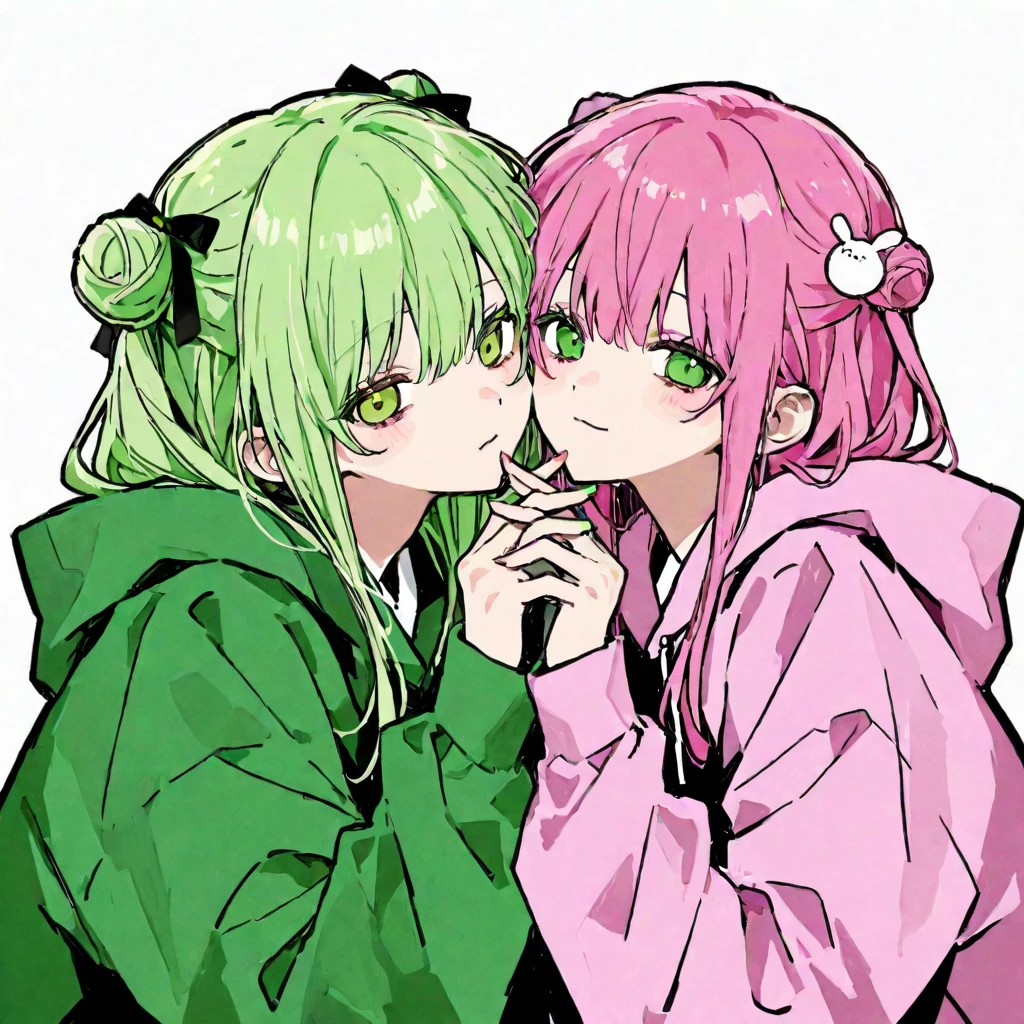 Girl: gray skin, pink eyes, green eyes, brown eyes, eyelashes brighter than eye color, green clothes