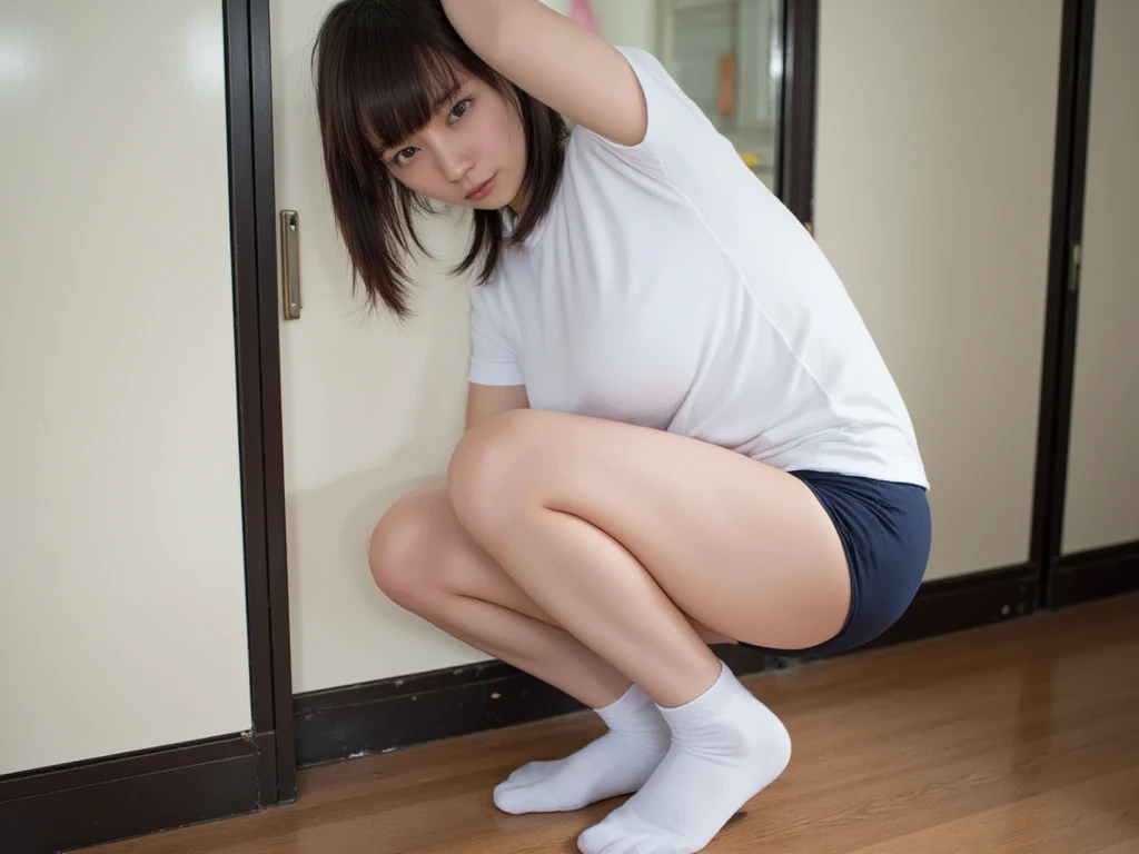 Ultra-detailed、High resolution、Transcendental beauty　Highest quality、masterpiece、Dark blue high socks MIX real、(Raw photo:1.2)、(Photorealistic:1.4)、The beauty of beautiful details　Delicate expression、((Panties are visible))(Squatting panchira)Earrings、Eyelashes、Sparkling eyes、Glossy Lips、Beautiful and fine details、Large file size、、 ((school uniform, White shirt, Black Skirt, Unbuttoned shirt、Checked skirt、I'm not wearing shoes、Navy Socks))、Extremely detailed representation、In detail、Highly detailed facial cinematic lighting、18-year-old girl、Positive、((Dynamic Pose)))、(Open Stance))、(Skirt from bottom to top:1.5), Pleated skirt、blazer、Sexy upward glance, (Spread your legs and show me your panties:1.5), (Light blue panties:1.5), (Black long hair:1.5), (Wet panties and see through:1.0), (Healthy Body:1.5)