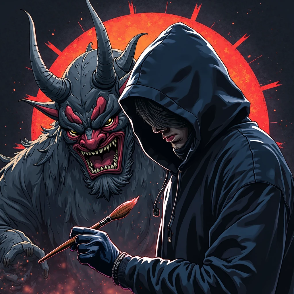 realistic photo, a man with a native Indonesian face, 25 years old, oval face, short side parted hair style, very thin body, sun glasses, wearing an orange hoodie, wearing black trousers, wearing black flip flops, wearing black Muslim hat, seen holding a torch, looks like he is fighting with the devil,You can see small rock particles scattering, the atmosphere above the night sky