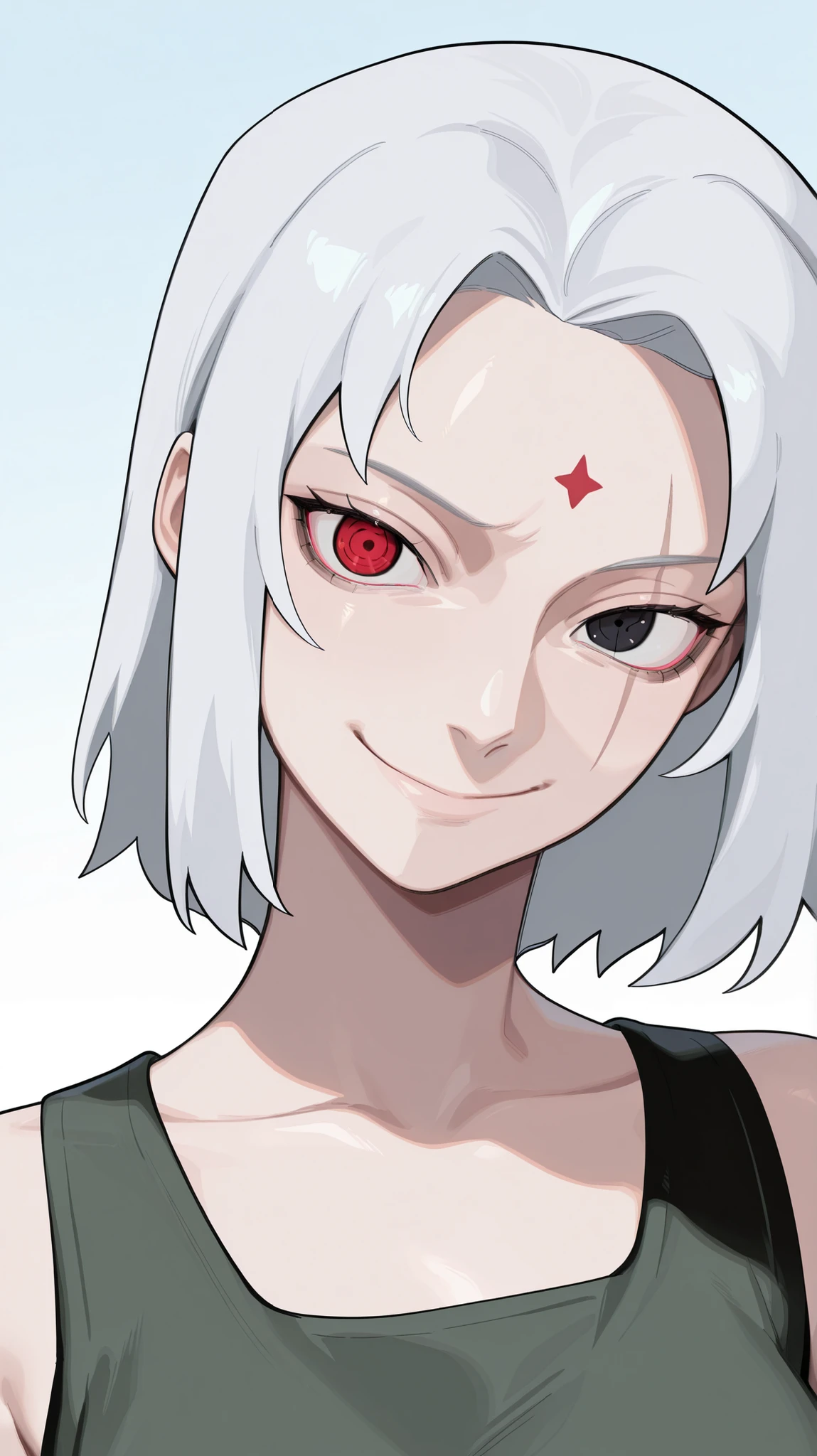 masterpiece, best quality, amazing quality, newest, very aesthetic,1girl,uchiha from \(naruto anime\),tanktop,short,looking at the viewer,sharingan eyes,smile,white hair,sharingan