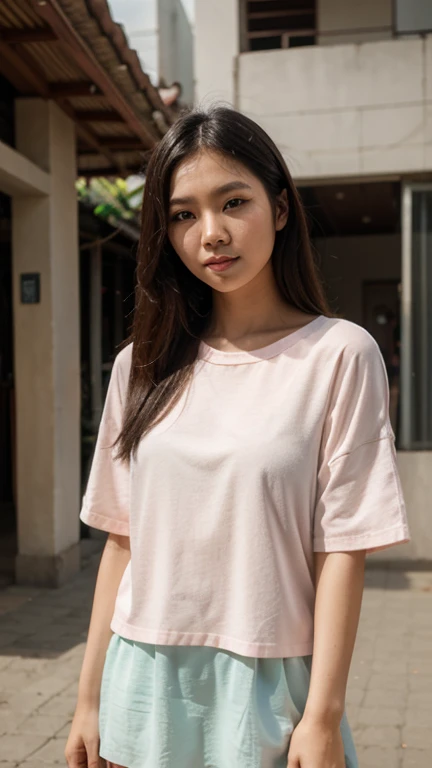 malay girl with fair skin, straight hair, black hair, brunette, beautiful young girl, with cute - fine - face, cute young woman, cute beautiful, girl next door innocent look, cute young girl, large breast, short sleeve , short arm sleeve, araffe woman in a pink dress posing for a picture