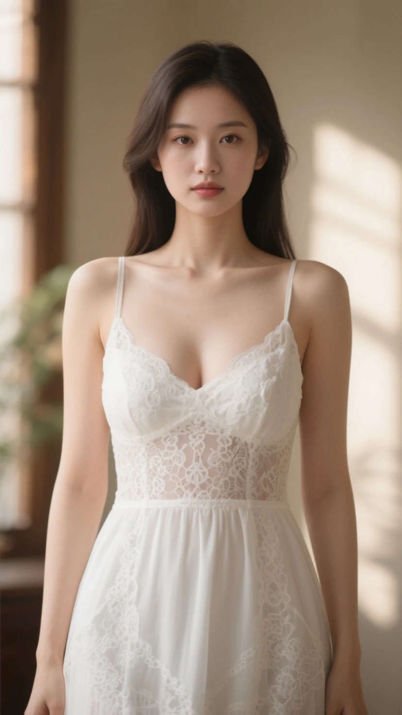 Korean women, goddess, perfect body, long hair, fine skin texture and cloth texture, detailed eye texture, long eyelashes, double eyelids, (chest close-up: 1.4), hotel, 8k, highest image quality, masterpiece, super high resolution: 1.2, beautiful female photo with the theme of girly elegant style, Arad woman posing for photo in light dress, soft organza dress, flowing dress, wearing elegant dress, wide waist, lace fabric, lace bra, lace, light dress, Elegant dresses, flowing, chiffon, voile dresses, dresses, dresses