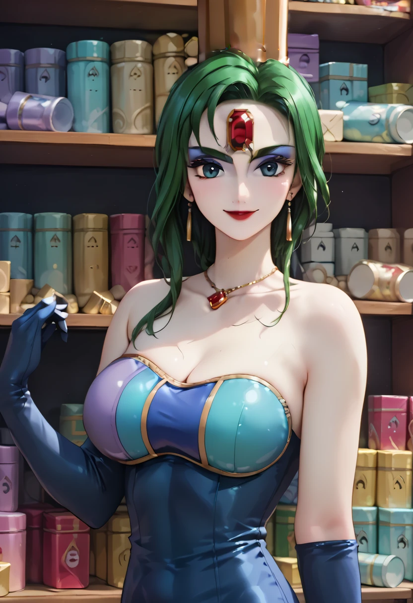 (masterpiece,best quality,ultra-delicate,Perfect Face,16k,high resolution,very beautiful woman), Atsugessho:1.3,  upper body shot,deep green hair,blue latex bodycon dress, long latex gloves, green tights, ((large breasts)), gold headpiece, pale blue skin, red gem on forehead, pink mist, ((cosmetics counter)), holding large red ball on rope, necklace, smirk, (extremely glossy)
