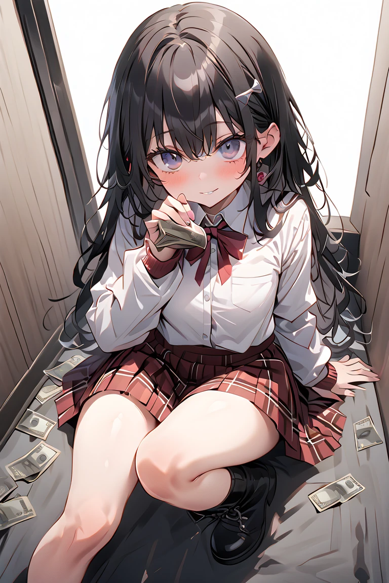 One woman、One Man、beautiful girl、high school girl、Glasses Girl、Short Hair、Sailor suit、Short pleated skirt、Love Hotel、Love Hotelの部屋、Pink lighting、Knee socks、King-size bed、Highest quality,  Black Hair、Sweaty body、ムレムレのKnee socks、Sit on the bed、Sit with your legs apart、Embarrassed face、Light yellow panties、Scared、Money is handed over、Man holding money、Make your panties look bold