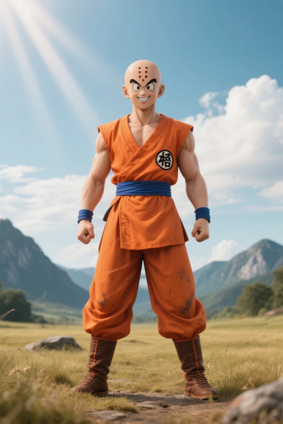 Kuririn realista, roupas de dragon ball, Dragon Ball Scenario, Action Pose, careca