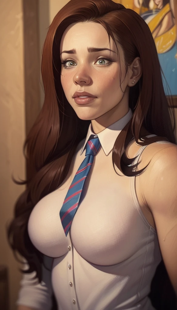 Kate Mara, masterpiece quality, (masterpiece quality:1.3), realistic, (realistic:1.3), detailed, solo, 1girl, (1girl;1.9), alone, (alone:1.9), in a fancy office, desk in background, bookshelves in background, long hair, (long hair:1.5), brown hair, (brown hair:1.5), straight hair, wearing choker collar, wearing white tshirt, (white tshirt:1.5), wearing blue jeans, (blue jeans:1.5), very small breasts, (small breasts:1.5), very thin body, covered breasts, (covered breasts:1.5), modest, 