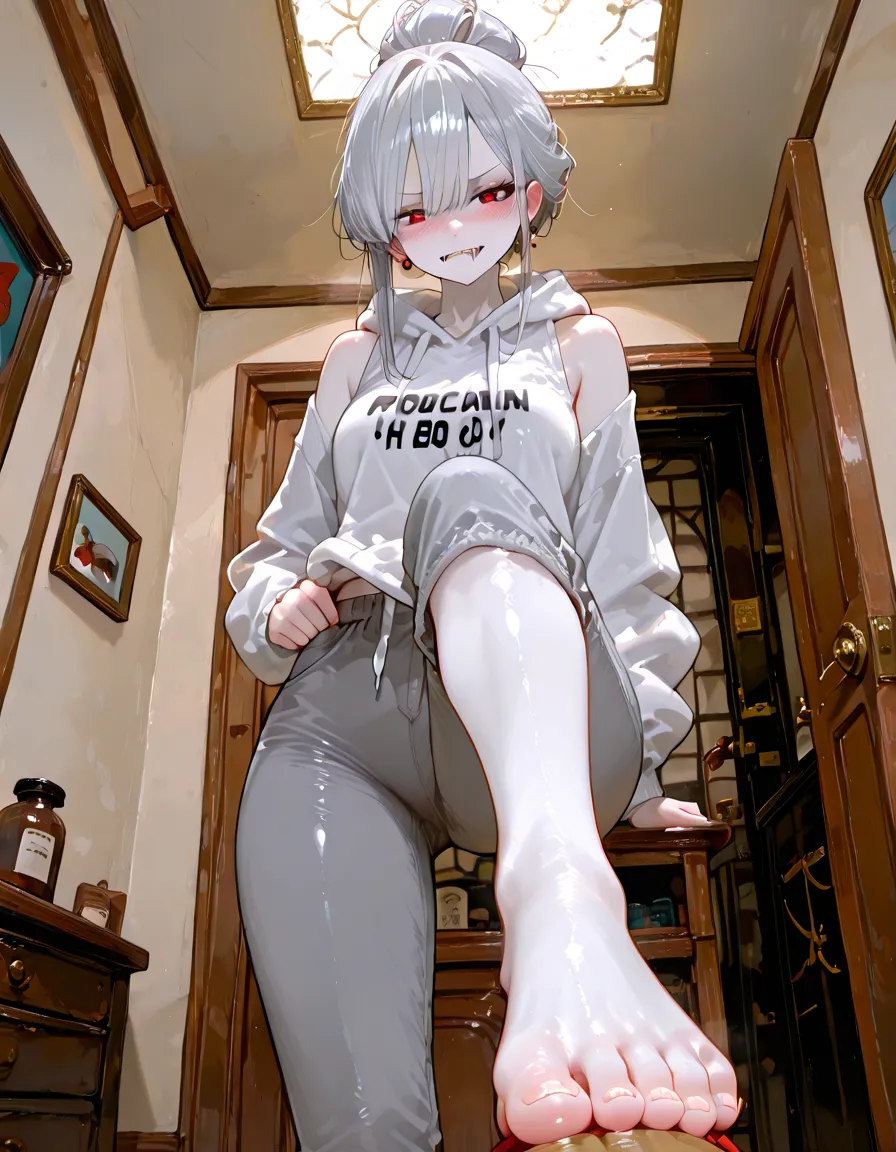 artwork, Attention to details, beautiful brunette girl, brunette with big breasts, long white hair and blue eyes, Red shirt, serious face blushing, bare legs, black panties, whole body, barefoot, trapped inside a transparent glass jar, waxed inside, inside the jar, whole body en el frasco, sentada inside the jar, barefoot, trapped in the jar. She and the bottle stained with milk