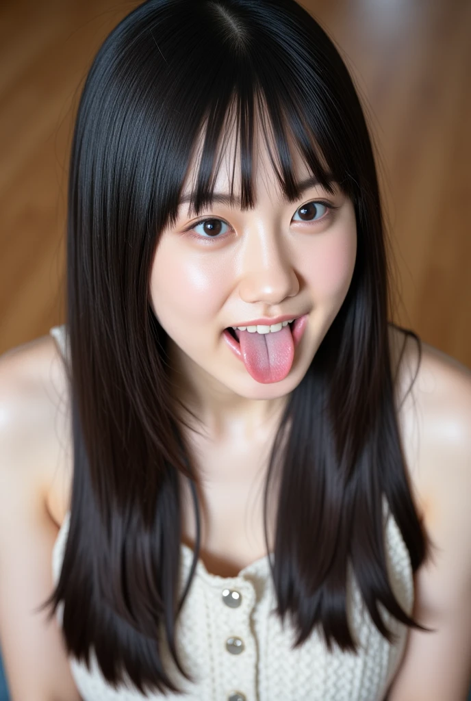 girl,  black hair,  long haired , Open your mouth wide and stick your tongue out, Front view of face, face looking at the center, Face focus, Accurate eye expression, Accurate tongue tip expression, The tip of the tongue sticking out, Accurate facial expressions, masterpiece,  super high resolution , Very detailed, in detail, Detailed eye expressions,  BEST QUALITY ,  realistic, ( 1 woman ), porcelain skin, The best face, protruding tongue, The tip of the tongue is revealed, Accurate expression of the teeth, Accurate expression from the tip of the tongue, Accurate gaze expression, Accurate expression of the eyes,  looks at the viewer with both eyes, A brightly shining face, Light shines on the face, ((Wearing a black off-shoulder top)), (stripped top),  shoulder exposure , ( exposes sternum),  Exposure, Brezier exposure, Sit on your knees,  When a camera wearing a navy off-shoulder top looks down at the target from above , short skirt skirt,  Looking up ,  Viewers look down at the target below {x}, ((black bed background)) picture, masterpiece, 最 High quality ,16k,8k, beautiful, get used to it , exquisite,extremely  get used to it , finely  get used to it ,  High quality , insanely  get used to it , ultra  get used to it ,   super high resolution , 超 High quality ,  beautiful face,  japan , 여성의 얼굴 picture으로 칠해졌습니다.  、(   sharp focus  ), Below, (   Kneeling and looking up   :1.10), ((  Open your mouth:1.6)), (   and stuck out her tongue ), (Ultra-detailed  beautiful faces:1.10), (Ultra-detailed  beautiful slim body:1.9), 18 years old, ( Super Detailed Beautiful  japan  Beauty Female Idols:1.7), picture 속、 Lie down 、  It shows a woman with her hands behind her,  camera sitting on the ground . 그녀는  black hair카락을 가지고 있다、 Almost no makeup  .   Her expression is expressionless  .  The background is a wooden floor  、 picture에 따뜻한 색감을 줍니다 .