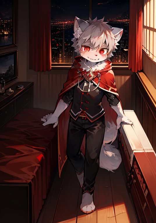 (dark environment:0.8),masterpiece, high quality, absurd res, digital painting \(artwork\), by dagasi, yupa,kiyosan,(anthro,fluffy fur,character focus:1.1),anthro male cat,short hair,portrait, bright eyes,panorama,character focus.(detailed background:0.7),solo,furry,furry male ,male focus,anthr,(Full body fur, fluffy tail, white fur,red eyes,gray hair:1.2),(long canines,vampire, cape:1.2),(interior,night, castle, coffin:1.1)