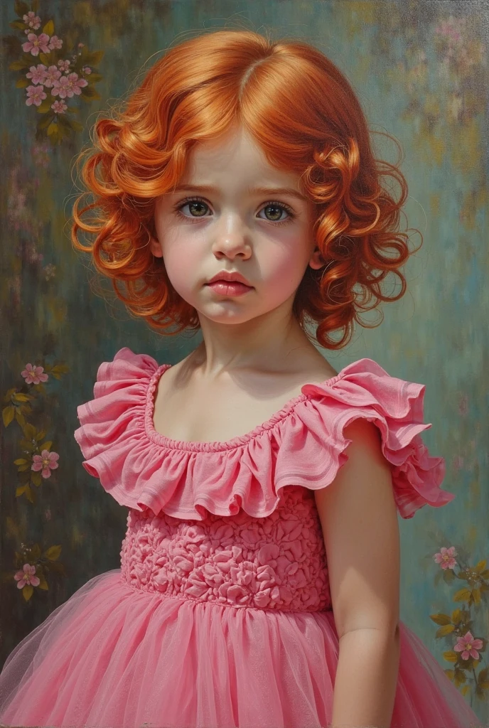 Make a redheaded child, sitting leaning against something, facing forward, still life in oil painting format