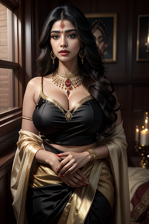 a close up of a 1woman in a golden and black outfit, with professional makeup, traditional beauty, traditional makeup, long white hair, red lips, with lovely look, jaw-dropping beauty, draped in shiny gold and silver, assamese aesthetic, shiny gold, golden glistening, candid picture, sexy face with full makeup, very beautiful queen style, big breast, jewellery, stunning woman, stunning beautiful, very attractive and beautiful