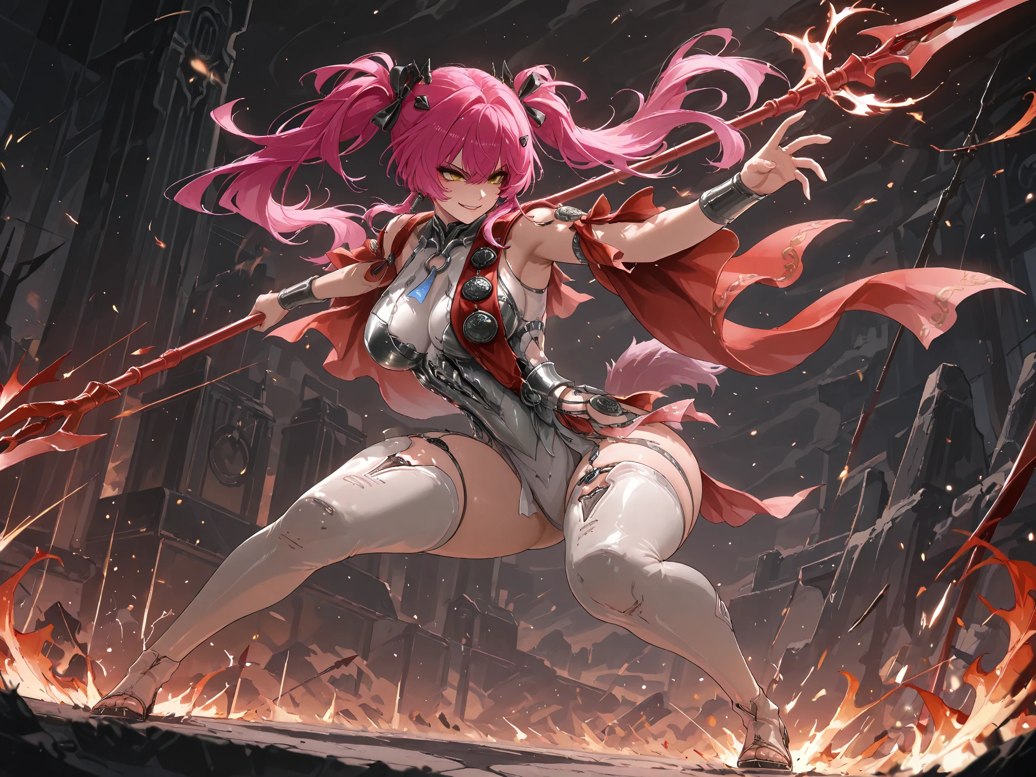 Female warrior with fierce fighting posture, sharp eyes, huge breasts exposing her cleavage and navel, a hint of pink on top of her head, well-muscled, wearing a white high-slit kimono with a damaged and worn effect, full body portrait, kimono length adjusted to thighs Length, kimono slit decorated with tassels or other accessories, fell back to the ground, showing a pained expression, subtly showing off the legs