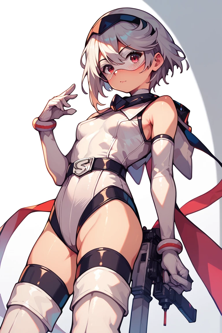 ultra-detailed, Explicit, Beautiful body, Beautiful Nose, Beautiful character design, perfect eyes, perfect face, ultra highres, 4K, beautiful legs, perfect legs, Nice hands, Perfect hand, Masterpiece, Best Quality, Highly detailed, illustration, absurdres, street fighter, doll suit, shadaloo doll, dollsuit, expressionless, blank eyes, looking at viewer, red gloves, emotionless, black latex, corrution, mind control, female combatant, full body, hypnotized, unhappy trance, full body suit, ribbed bodysuit, both arms at side, obey, perfect female body, extremely glossy latex, hypnosis, hypnoLora, empty eyes, Mind control device, poses, submissive_pose, Slave, hat, necktie, stand up straight, standing, standing at attention, hat, necktie, belt, latex, ribbed bodysuit, thighhighs, garter belt, Fighting Stance, extending the right arm from the shoulder into the air with a straightened hand, nazi saluting, military, military saluting, salute, thigh boots, 1girl, solo, Momijiyama Teru, Shy, SHORT HAIR, WHITE HAIR, RED EYES, HAIR BETWEEN EYES,