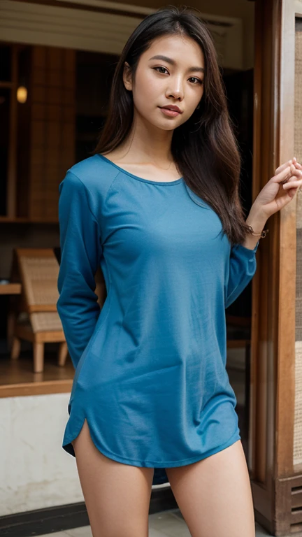 a medium photo of an Instagram model wearing a baggy outfit, vestido azul cinza decotado, com um olhar sedutor, sorrindo, flirting with the camera