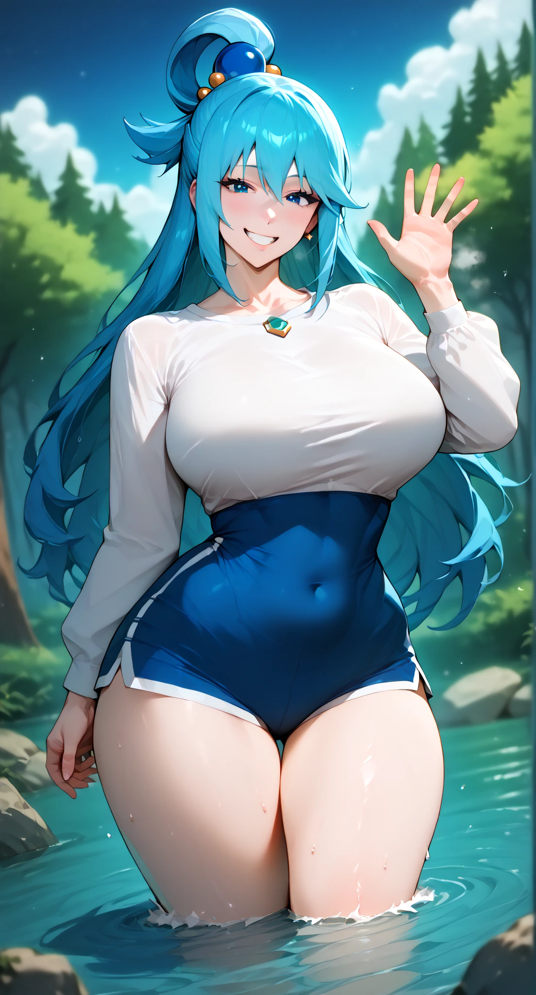 best quality, expressive eyes, perfect face, chubby girl, chubby, curvy, plump, big belly, WeightChubby, WeightObese, WeightImmobile, blue hair, belly jiggle, jiggly belly, looking at belly, smiling, her hand is on her belly, tight baseball uniform, round belly, fat belly