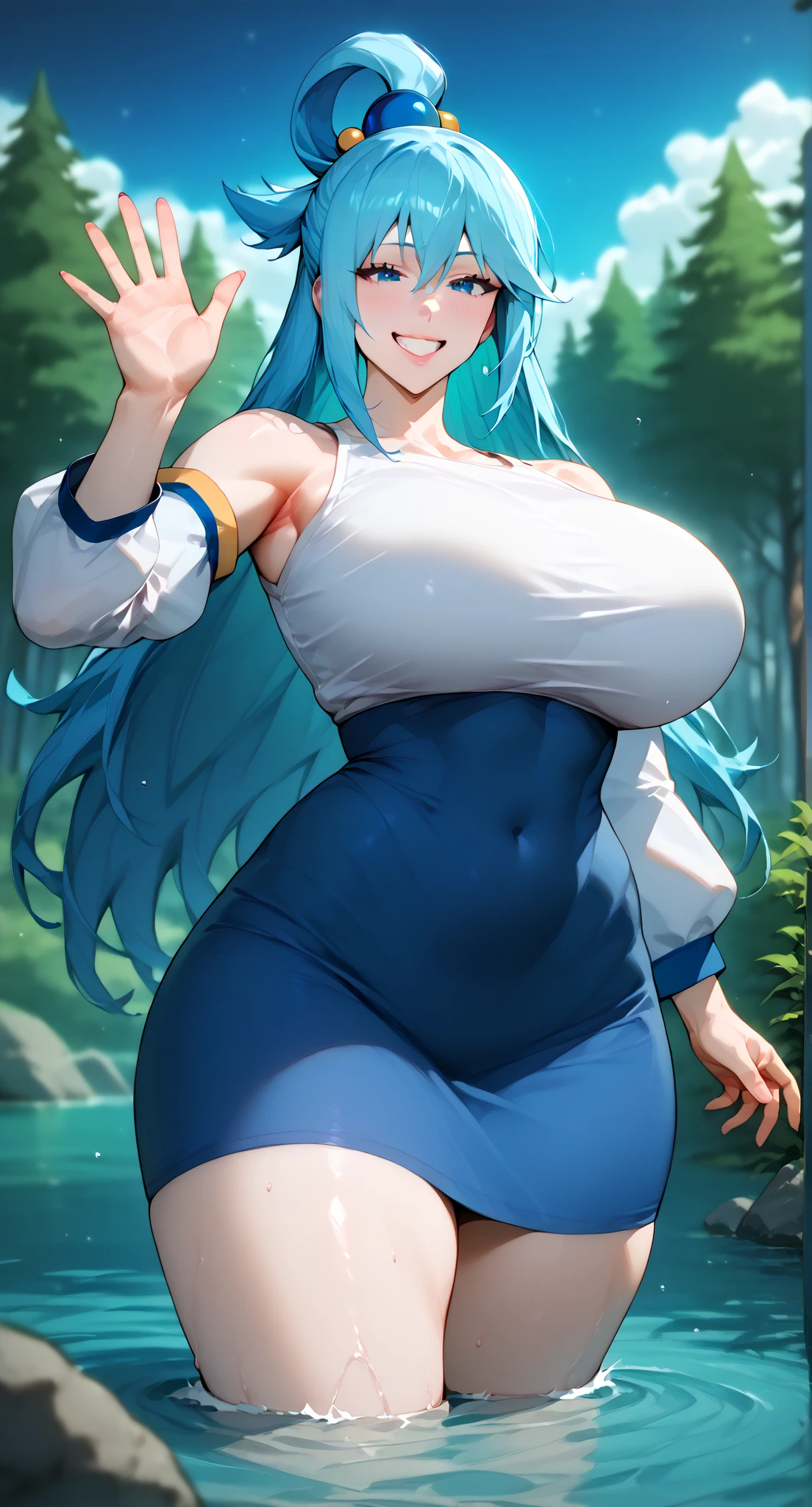1 skinny girl, solo, light blue hair, (side face:1.5), (side view:1.3), BREAK, (red headband), BREAK, (dark purple eye:1.4), bending back, looking at viewer, BREAK, black plunging neckline short dress, dark yellow cropped jacket, black thighhighs, BREAK, (bouncing unaligned long huge breasts:1.6), very short torso, (inconceivably narrow waist), thin long legs, BREAK, (show off crotch:1.4), BREAK, strong wind, (slipping hip 1.2), cleavage, BREAK, {nsfw}