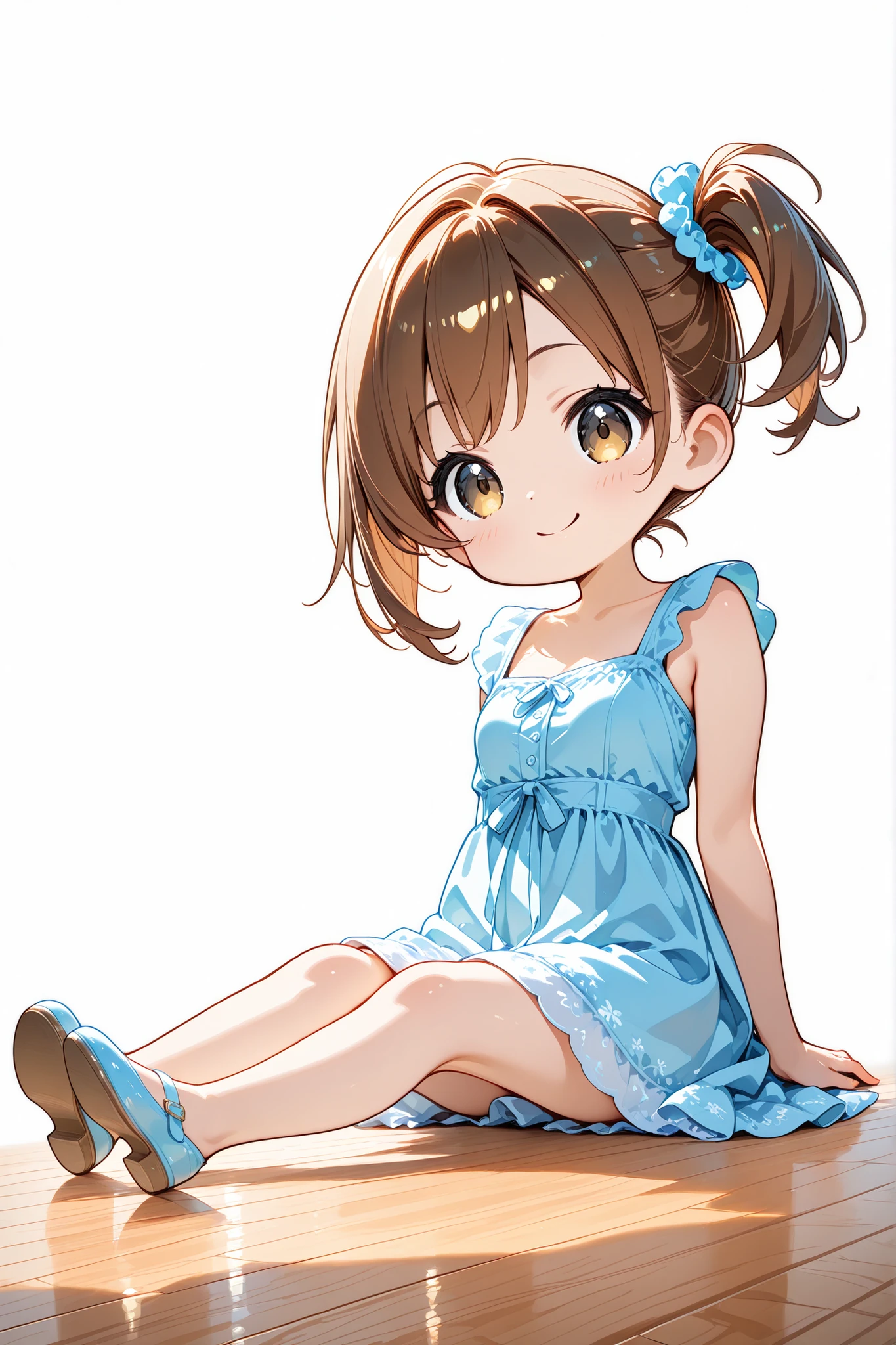 chibi style, full body in frame, flat bust, girl, side ponytail, casual dress, sitting on floor with legs stretched, relaxed smile, transparent background