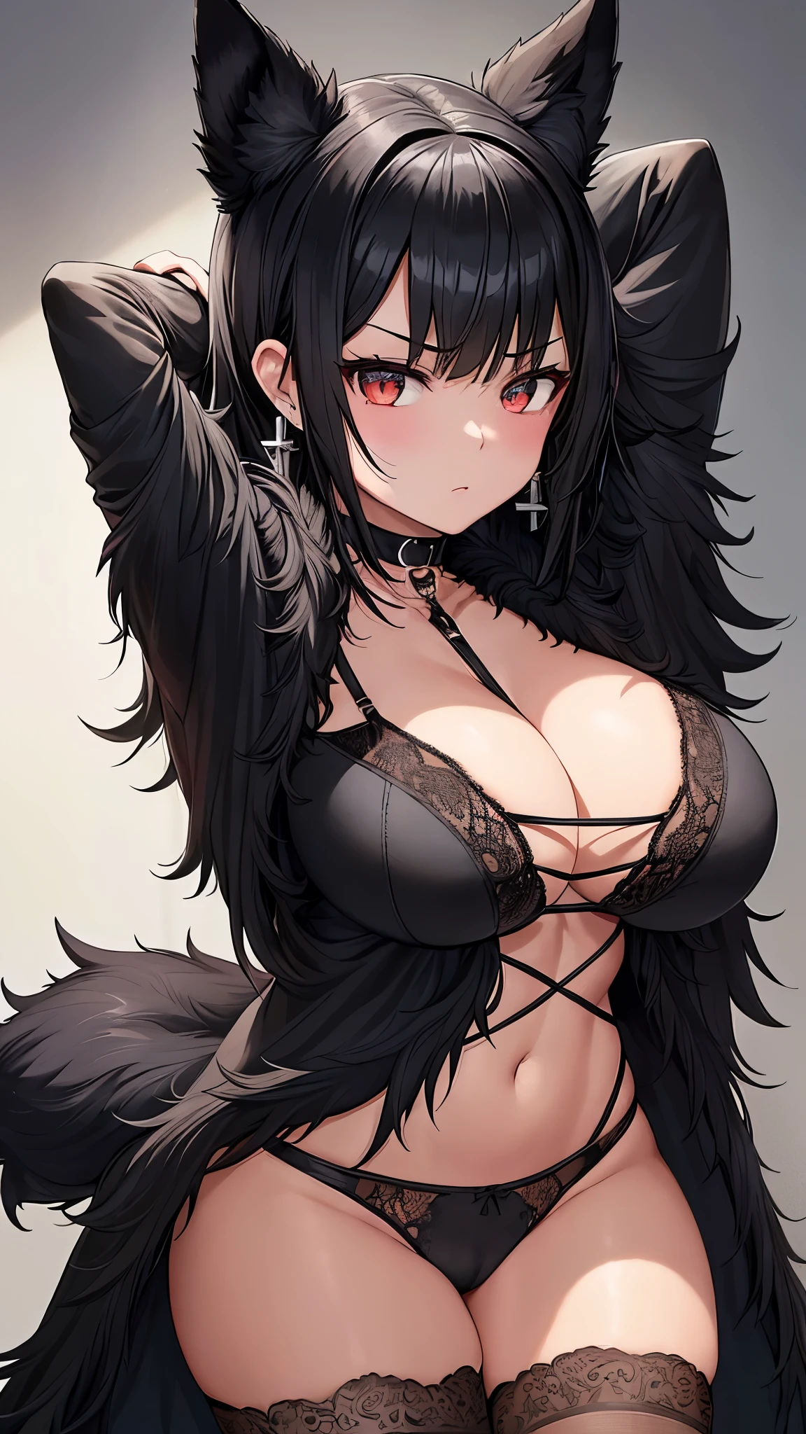 White wolf woman, wearing a bra and black lingerie with red bows, has long, messy black hair, has red-orange eyes, has a big breast, has fox ears and fox tail.