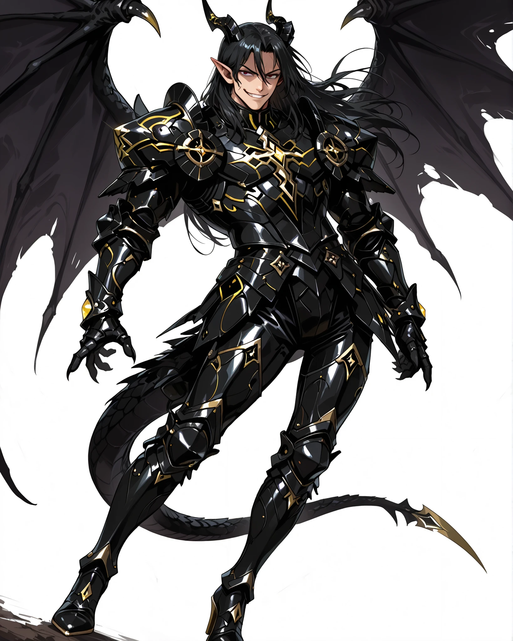 score_9, score_8_up, absurdres, 128K Ultra High Resolution, (masterpiece, best quality: 1. 5), high definition, highres, 8K wallpaper, CG, (((Anime))), (1 male), solo, lean body, (masculine), (floating in the air), weredragon, (japanese anime style), glossy black, shiny black leather, ((beautiful golden eyes, finely detailed eyes, bright eyes, vertical iris)), hair between eyes, black hair, long hair, sideburns, wild hair, unkempt hair, (sly grin, smirk, evil smile), teeth, confident, ((ultra detailed face)), shiny skin, long pointy ears, twisted torso, long-legged, sculpted face, wasp waist, dragon horn, dragon tail, dragon wings, dragon sharp claws, (black armor with a lot of grandiose decorations), half dragon half human, dramatic angle, dynamic posture, ((ultra detailed black armor)), black armor with gold accent, all black outfit, full body, emphasize face, focused expression, sharp focus, good-looking man, well-polished black armor, charismatic pose, (best illustration), cinematic, dramatic lighting, (intricate detail, super detail, extreme detailed, super detailed: 1. 5), (highly detailed artwork), dramatic shadows, tenebrism, chiaroscuro, wonderful pose, chiseled features, stark contrast, heavy shadows, detailed black decorations, beautiful and aesthetic, photoreal, from side, (mysteriously crafted black metal armor: 1. 5), sparkling accessories, thick and luxuriant hair, ((ultra detailed fantasy black armor)), dressed in black, broad shoulder, true-to-life visuals, artistically refined, dramatic contrasts, ((extremely delicate and beautiful armor, elaborate armor details)), (dark armor, stylized armor), exquisite goldwork, wonderful black armor, armor with intricate engravings, ((armor-type high heels)), ((detailed shoulder armor with intricate engravings, gold accent black armor)), very gorgeous and dazzling, dark fantasy black knight, slim waistlines, wide chested, sinewy body, simple white background, (((Hyper Detailed & Perfectly Designed Black Armor)))