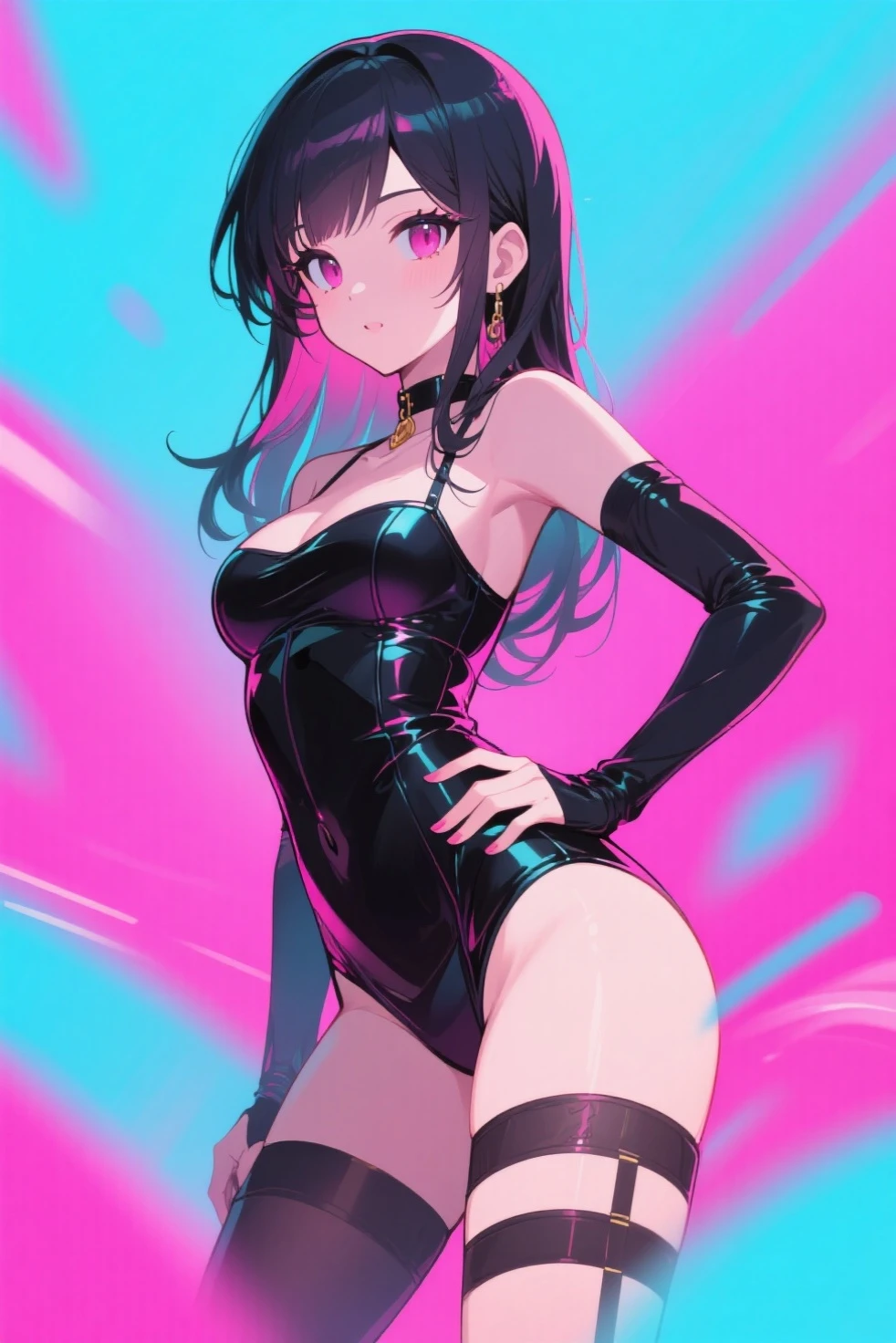 anime girl in black latex posing on the street, girl in latex, cute cyborg girl, cyberpunk anime girl mech, perfect anime woman, female cyberpunk anime girl, anime cyberpunk art, oppai cyberpunk, wearing latex, biomechanical oppai, digital cyberpunk anime art, black shiny latex, visible armpits