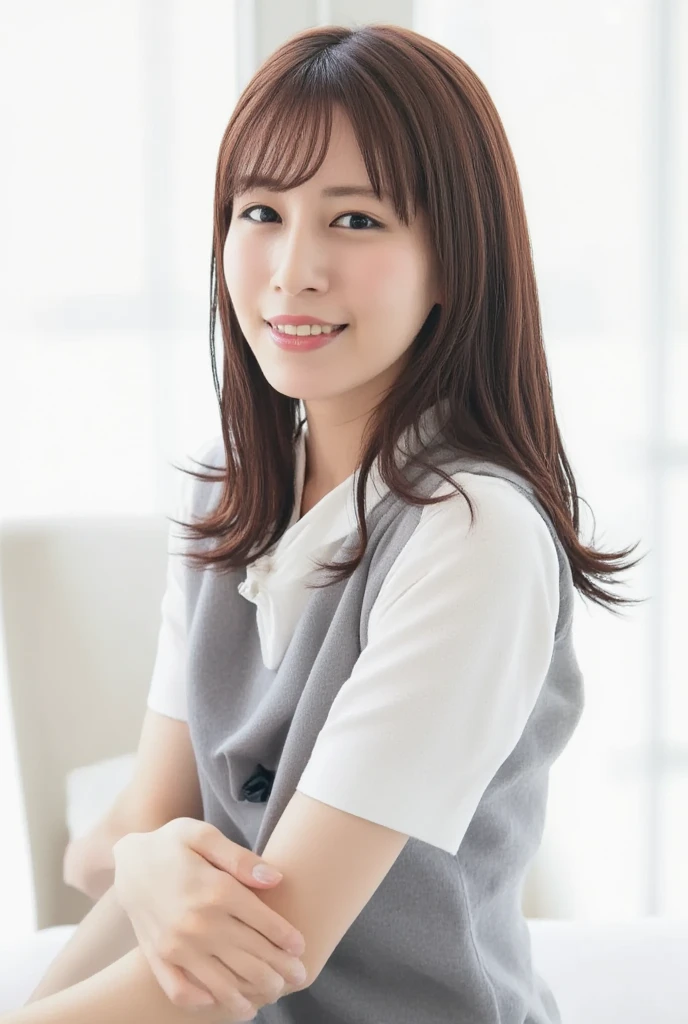 (Best quality, 8k, 32k, Masterpiece, UHD:1.2), from behind, 1 walking girl, beautiy Japanese office lady, (smile:0.5), (looking at the the viewer), 30 years old, bit chubby, white shirt, black skirt, office room, desk, detailed beautiful face, twin-tail wavy hair, from below,