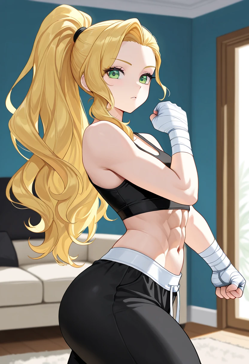 1boy, solo, black eyeliner, long shoulder length blonde hair, handsome, blue eyes, black choker, black long gloves, kneeling, black pants, bed, room, pink lipstick, femboy, blush, thin waist, very long eyelashes, (long eyelashes) 