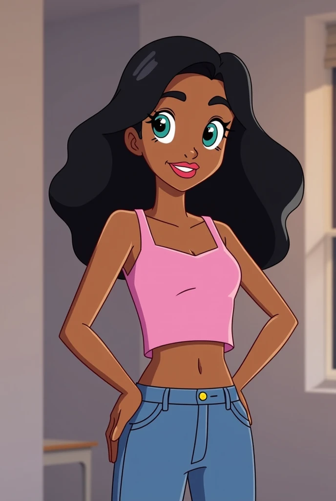 (masterpiece, best quality), 1girl, <lora:Caitlin_TotallySpies_Leaf1:0.8> 1girl, solo, Caitlin, long hair, black hair, green eyes, caramel skin, makeup, lipstick, retro artstyle, smile, smirk,