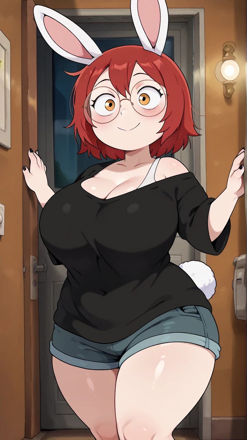 chubby, woman, thick waist, large chest, red hair, messy hair, black cat ears on head, blue eyes, black reading glasses, black short shorts, short red tanktop , red boots, fat, larger body, chubby face, face with blush, red lipstick, bent over, cleavage visable, boob window, cute, hot, thicc,