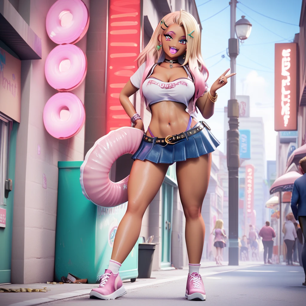 (best quality,4k,highres,ultra-detailed,realistic:1.2), a young girl, very big  breasts,short blond  hair with a pigtail and bangs,  flat abs, fitted red tank top with puff, black miniskirt, shiny pantyhos pink high heel pumps,earrings , necklace out in the street at night, neon lights and advertising 