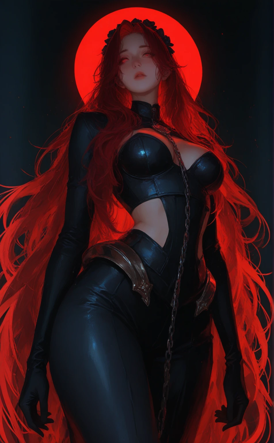 Spider mj, Red long hair, in a black outfit with a spider in the center of his ????? in white, Organic-looking outfit, sticky forehead, symbiote, blue eyes,???? pose hourglass body, ???????????, visual art, PS5 cinematic screenshot, Highly detailed, detailed cinematic rendering, ultra photorealistic raytricing, with cinematic lighting, full body shot standing tall hands on ???? smiling at viewr 
