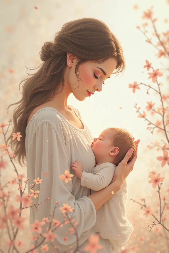 beautifull abstract woman, with her baby in her arms and with beautiful brightly colored flowers emanating from her long hair, that represents her reconnection with the power of woman as a nursing mother. a midwife in a burgundy smock standing out in the background, with a stethoscope and smiles sweetly. full color hyper realistic