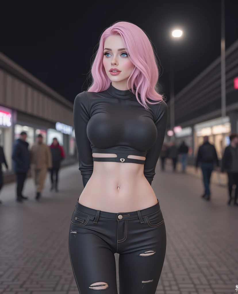 20k photograph, A full body photo, photorealistic, 20 years old American woman, Masterpiece of realistic style, exceptional quality and ultra minute details, sensual hot, super sexy, super sensual, hyper hot, very dark night school outfit bright colors white color, short pink hair, goddess red, white top with red, plaid skirt and stripes, detailed face hazelnut eyes, detailed face, detailed eyes,  cyberpunk empty city, mexico rainy night with mist, alone, tanned, hazelnut eyes, thin nose elongated face, narrow pumulus athletic body, muscular body, , very narrow waist, , fitness body, detailed face, detailed body, detailed muscles, detailed skin, miniskirt, short skirt, arms behind, curvy, hdr, 8k, best quality, detailed, (very large fake silicon implants)