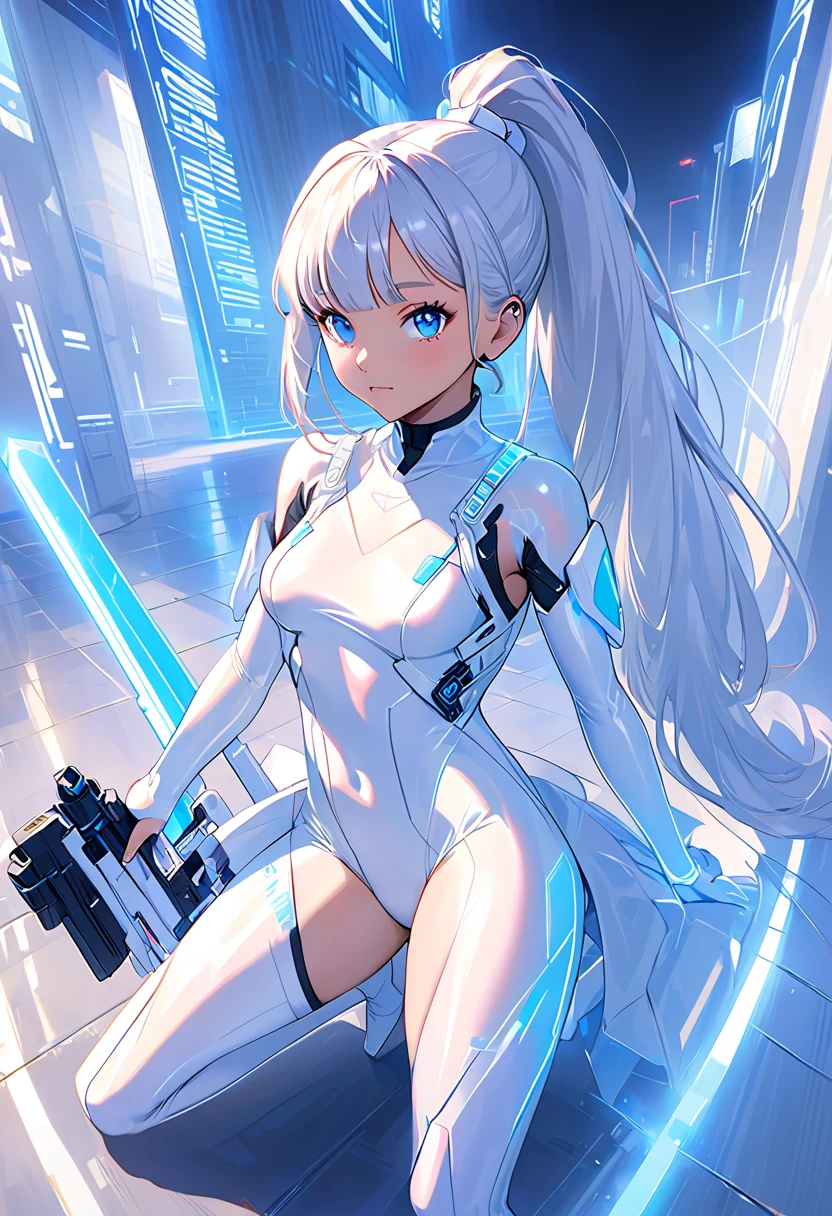 Ponytail Full Body Internet. ariana grande face. The bright white color indicates that she is a girl holding a white laser rifle. White eyebrows. Cat-like clothes. She also has a pair of bright blue eyes. The environment is similar to a terminator. The hair is platinum blonde;. One side of his face is illuminated by bright blue。. Like LEDs. And the hands also have LED lights.