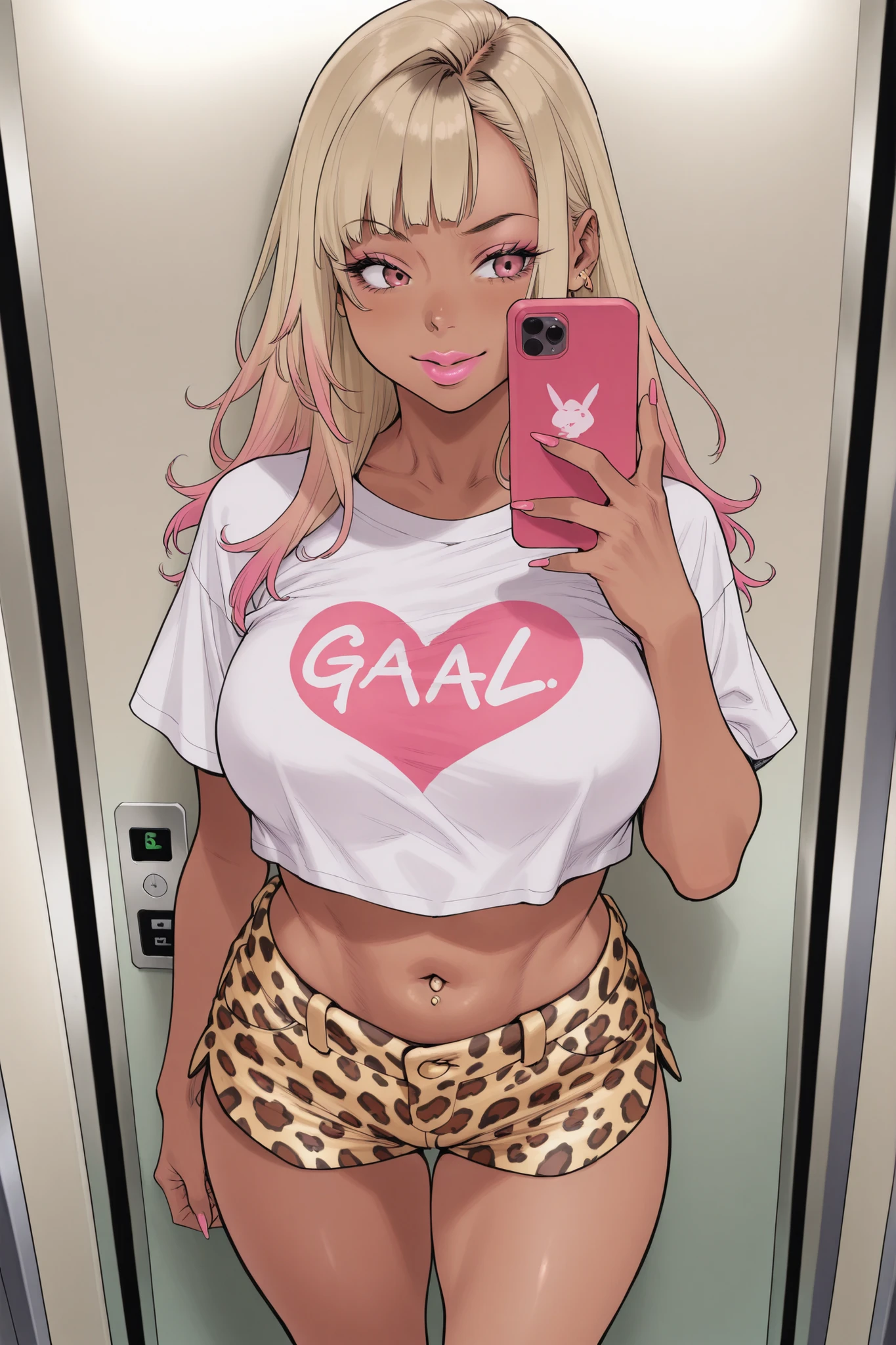 1 gyaru girl, gal, blonde hair in loose, bangs, pink gradient hair, dark tanned skin, voluptuous, white cropped shirt "♥" print, leopard print shorts, pink lips, cell phone, elevator