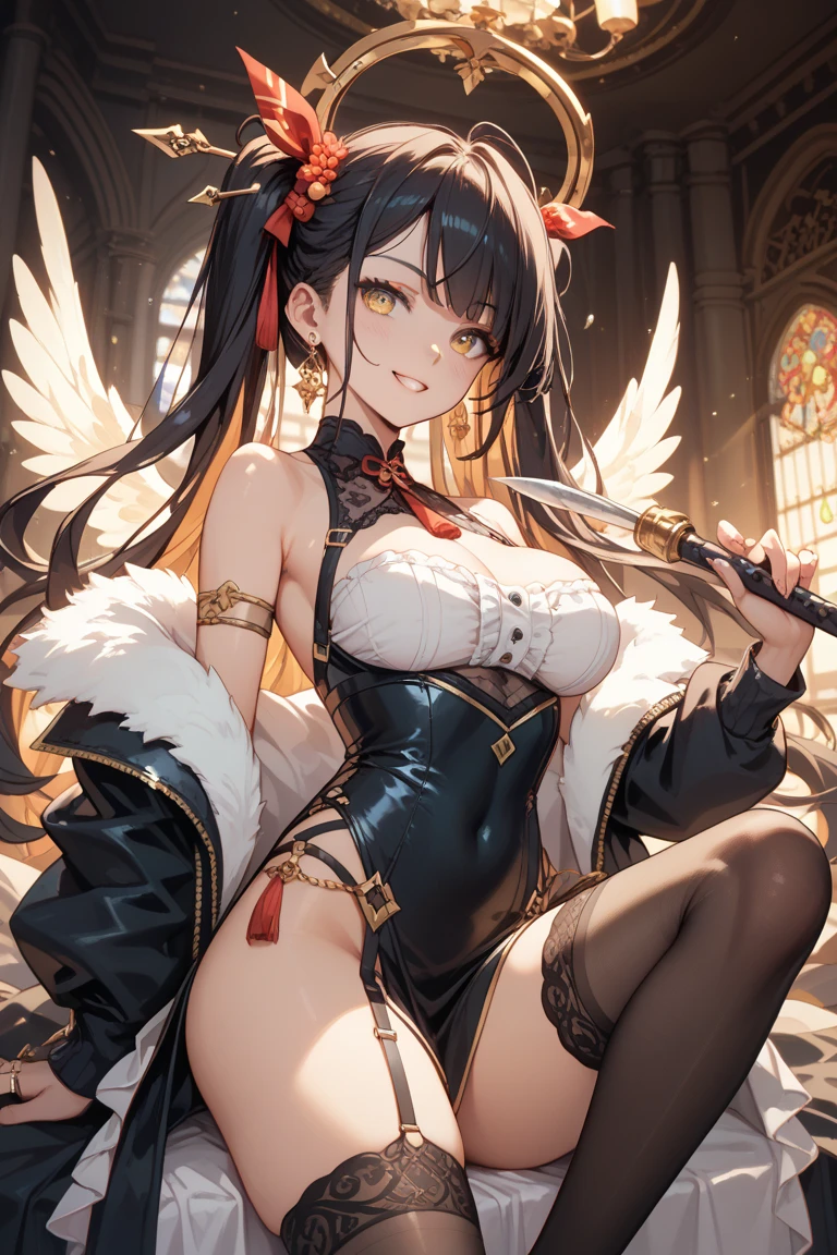 ((Highest quality)), ((masterpiece)), (detailed), One girl, sexy,An angel with black wings is sitting and winking