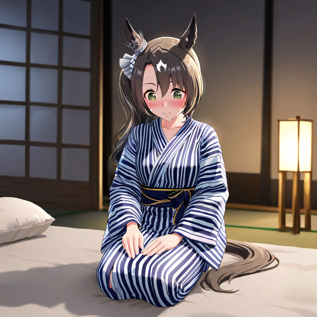 ((masterpiece)),((best quality)),extremely fine and beautiful, super fine illustration, beautiful detailed girl, supple breasts, front view, facing at viewer, black hair, (Happy:1.4), (see-through:0.4), skinny, covered, (hair covering breasts), ((black hair)), (very long hair), fox ears, blue eyes, profile, (((rabbit onesie)))(((dark voluminous fox tail))), (medium-large breasts), (plump thighs:0.9), (muscular:1.1), (wide hips:0.9), bright smile, movie lighting, perfect shadow, realistic lighting shaded, 1 girl, black hair, long hair, straight hair, blue eyes, parted lips, cute, sweet, light smile, opened mouth, indoors, Japanese shrine, tatami, outdoor corridor, pond